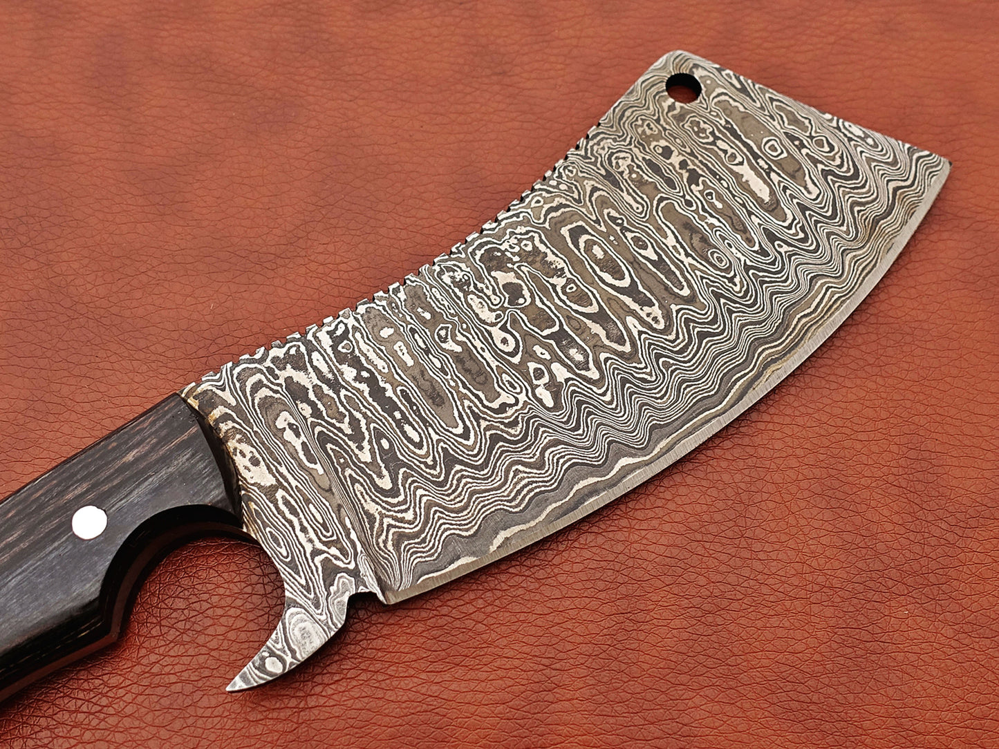 12" hand forged Damascus steel meat Cleaver, Walnut wood scale chopper knife, Leather sheath included