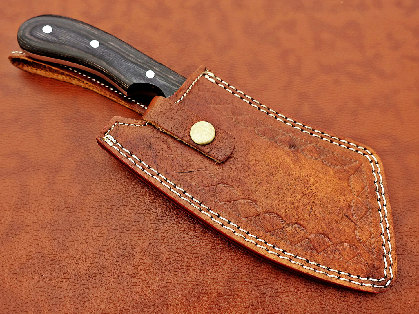 12" hand forged Damascus steel meat Cleaver, Walnut wood scale chopper knife, Leather sheath included