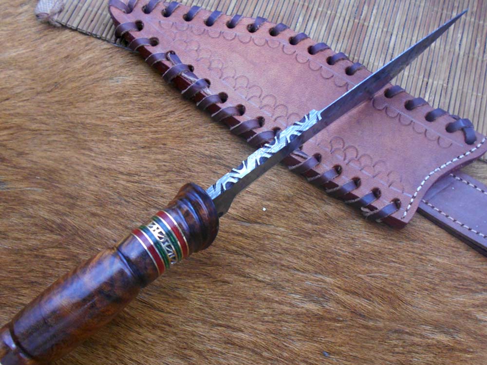 11" Long hand forged Damascus steel Tanto blade Hunting knife, exotic Hand crafted rose wood scale with engraved brass & green fiber spacer, Cow hide Leather sheath with belt loop