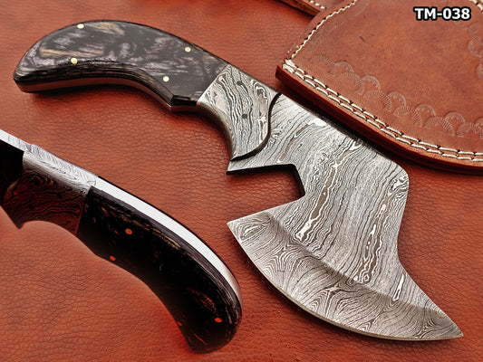 9" hand forged Twist Pattern Damascus steel chopper, 2 tone Dollar wood scale compact cleaver, Leather sheath included