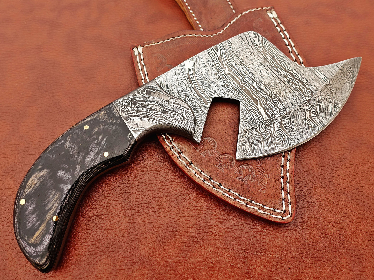 9" hand forged Twist Pattern Damascus steel chopper, 2 tone Dollar wood scale compact cleaver, Leather sheath included