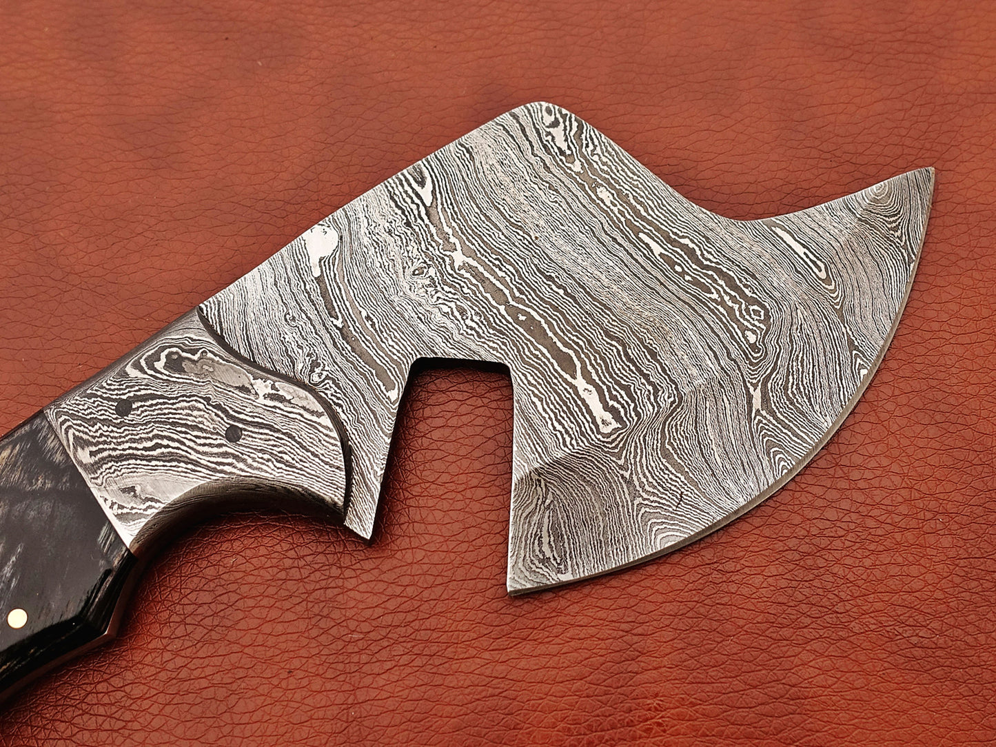 9" hand forged Twist Pattern Damascus steel chopper, 2 tone Dollar wood scale compact cleaver, Leather sheath included