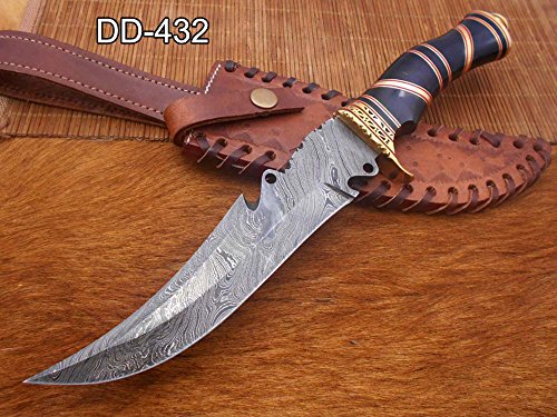 13" Long hand forged Damascus steel Hunting knife, exotic Bull Horn scale crafted with engraved brass finger guard, spacer & red fiber, Cow hide Leather sheath with belt loop