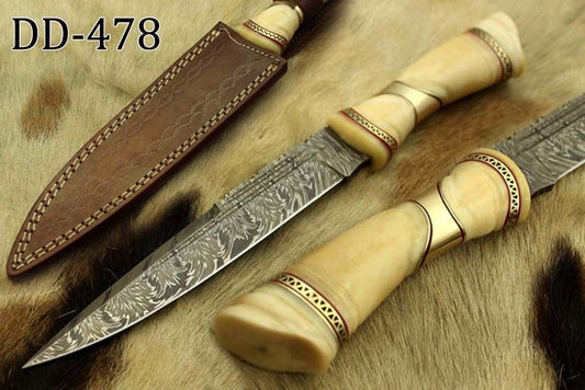 13" carved camel bone W/Brass scale Damascus Steel skinning knife, Cow sheath