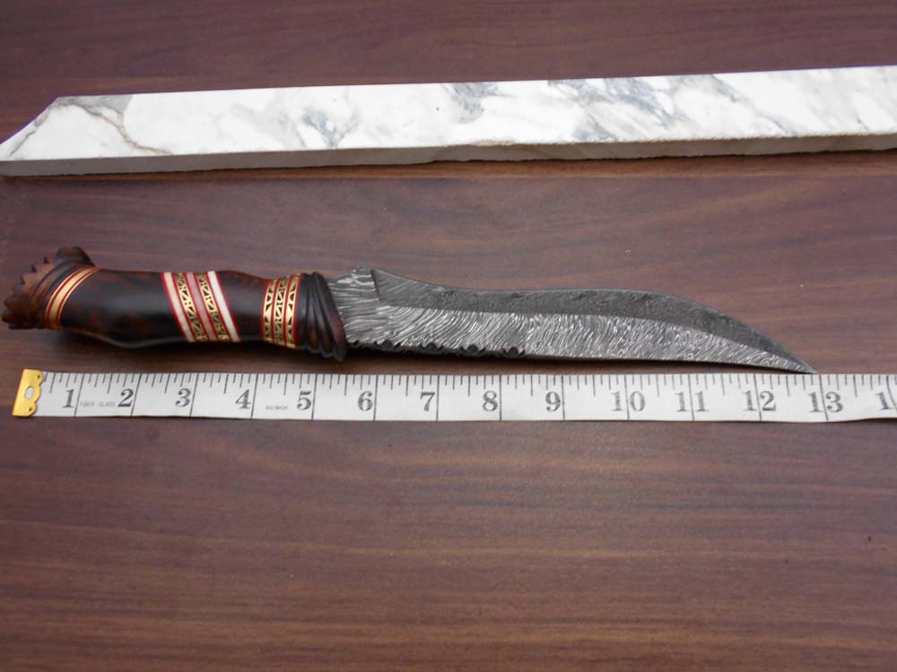 13" Long hand forged Damascus steel skinning knife, Hand carved scale crafted with engraved brass spacer, Available in Camel bone, Walnut wood and bull horn scales, Includes Cow Leather sheath