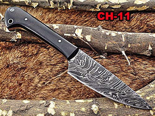 9 Inches long custom made Damascus steel hand forged chef Knife, kitchen knife 4" full tang blade, Natural Buffalo Horn scale inserting hole