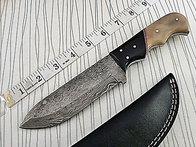 Damascus steel skinning knife 4 Pcs set with leather sheath, Black & white scale