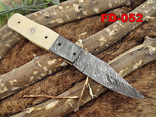Damascus steel 7.5" long Folding Knife, Camel Bone scale with Damascus bolster and Thumb knob, custom made Hand Forged Damascus blade, Cow hide leather sheath with belt loop