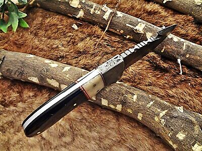 Damascus steel skinning knife 4 Pcs set with leather sheath, Black & white scale