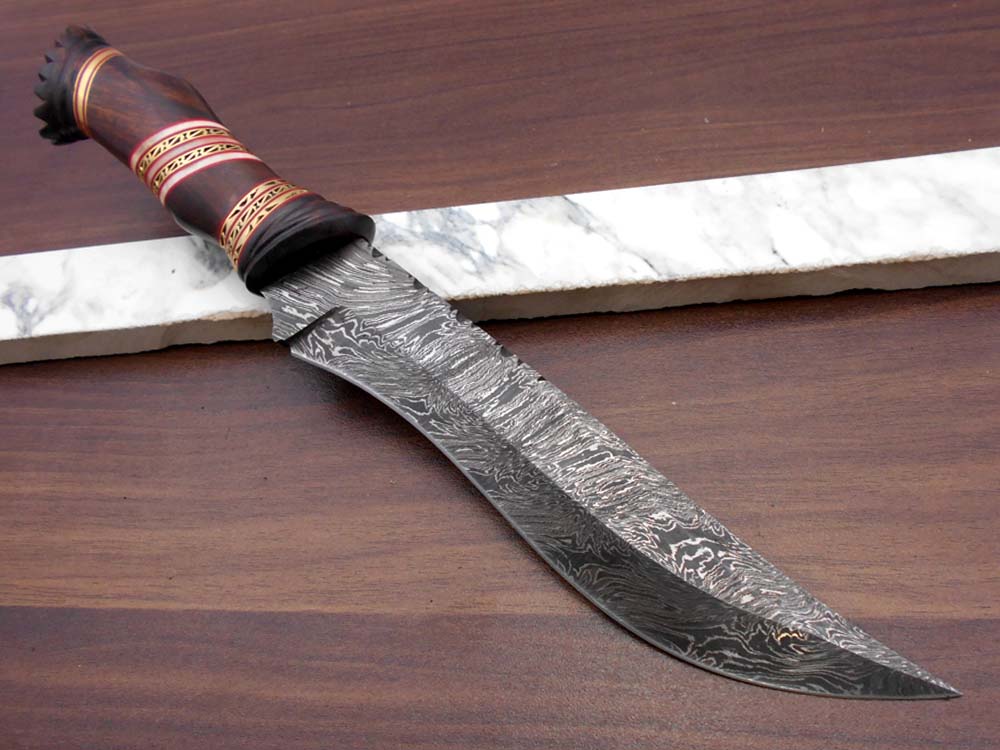 13" Long hand forged Damascus steel skinning knife, Hand carved scale crafted with engraved brass spacer, Available in Camel bone, Walnut wood and bull horn scales, Includes Cow Leather sheath