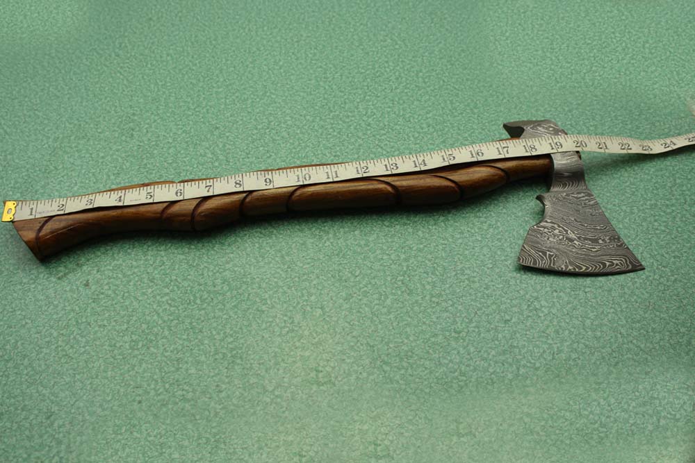 20 Inches long Damascus steel tomahawk Axe, Engraved Rose wood handle bearded hiking battle Axe, Hand Forged Damascus steel head, thick cow hide leather sheath