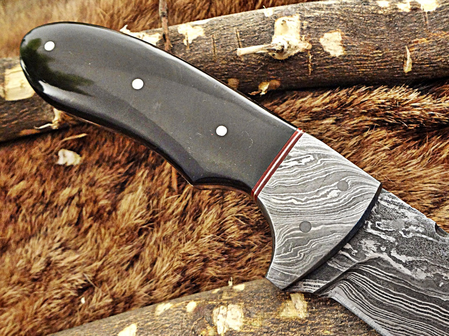 8" Long skinning knife, 4" full tang gut hook blade, hand forged Damascus steel, available in 3 scales, includes Cow Leather sheath