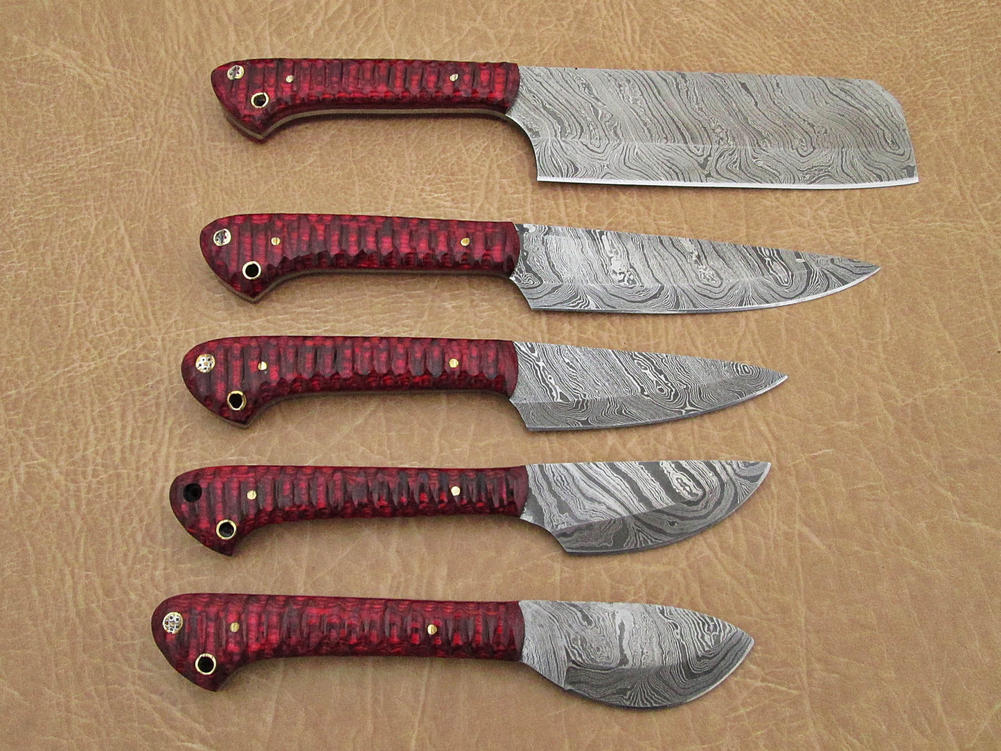 5 Pieces Damascus steel kitchen knife set includes (10.6+9.6+9.0+8.0+7.6)" knives in Wine Jigged wood scale, includes Roll able Leather suede sheath