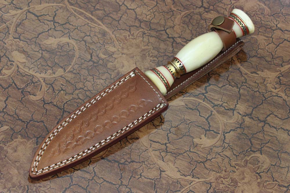 11" Damascus steel hunting Dagger knife, Bone W/engraved brass scale, Cow sheath