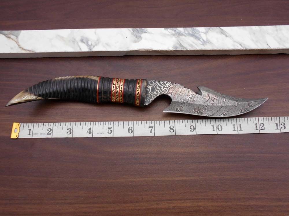 13" Long hand forged Damascus steel gut hook Skinning Knife, Custom made Round engraved jigged scale Crafted with engraved Brass spacer, Cow hide Leather sheath