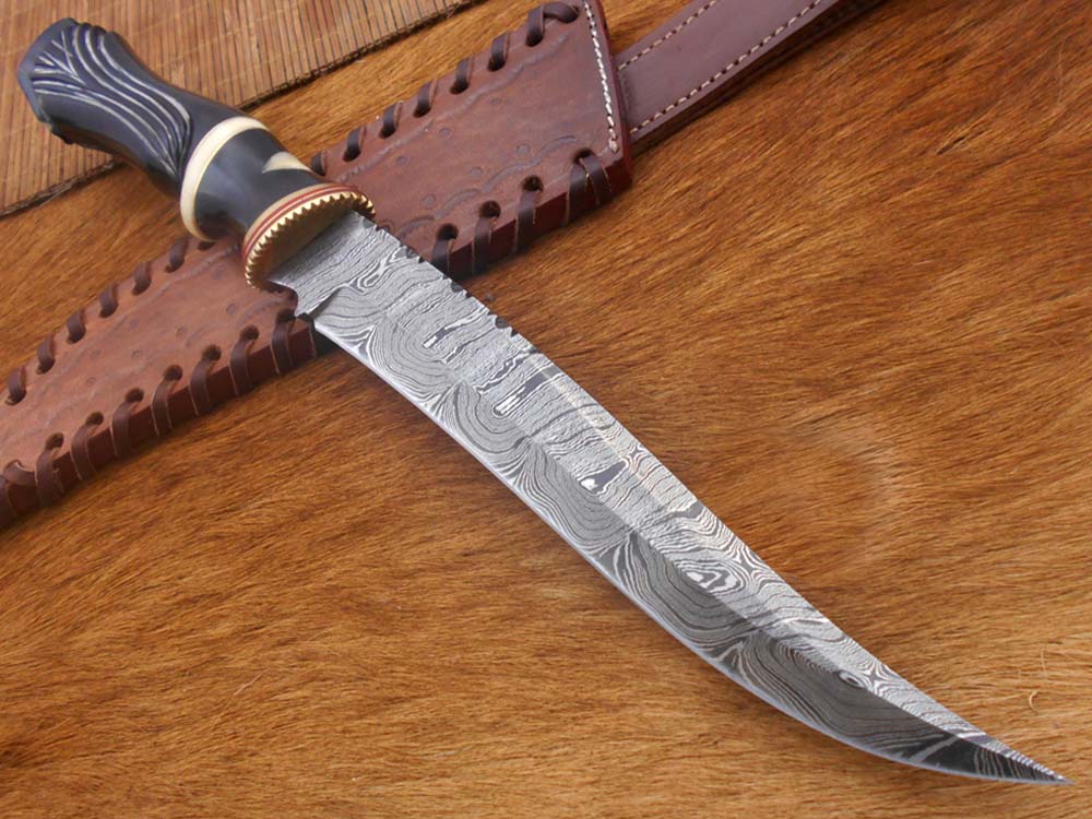 13" Long custom made carved round scale skinning knife crafted with engraved brass, 7.5" Hand forged Damascus steel blade, Cow hide Leather sheath included
