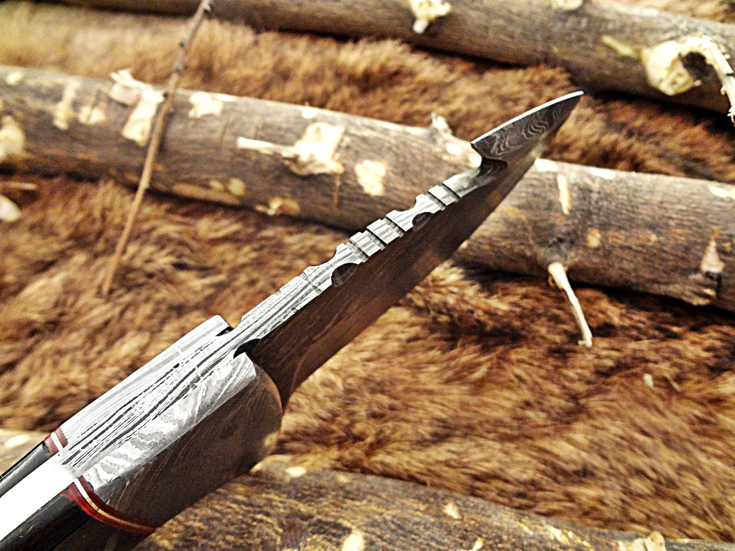 8" Long skinning knife, 4" full tang gut hook blade, hand forged Damascus steel, available in 3 scales, includes Cow Leather sheath