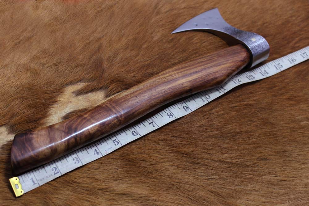 Damascus Depot Tomahawk Axe Bearded Hiking Battle Axe 15 Inches Long Hand Hammered Carbon Steel Axe with Rose Wood Round Handle, Thick Cow Hide Leather Sheath