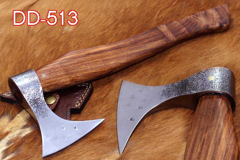 Damascus Depot Tomahawk Axe Bearded Hiking Battle Axe 15 Inches Long Hand Hammered Carbon Steel Axe with Rose Wood Round Handle, Thick Cow Hide Leather Sheath