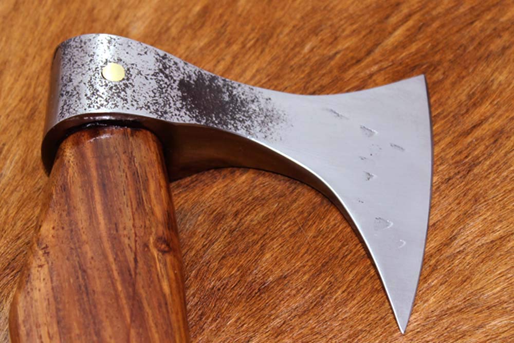 Damascus Depot Tomahawk Axe Bearded Hiking Battle Axe 15 Inches Long Hand Hammered Carbon Steel Axe with Rose Wood Round Handle, Thick Cow Hide Leather Sheath