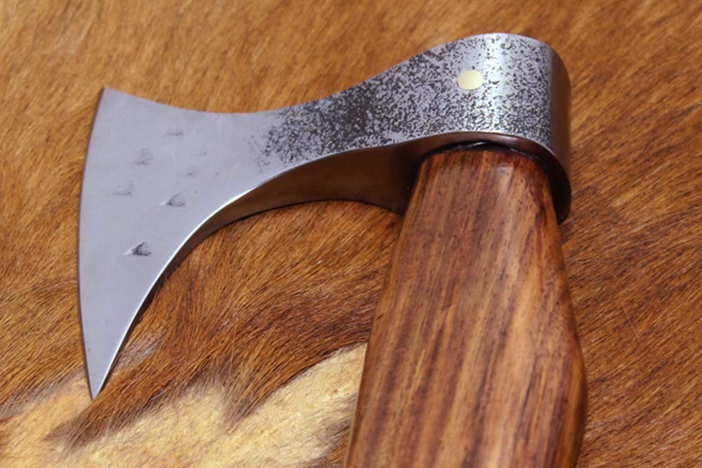 Damascus Depot Tomahawk Axe Bearded Hiking Battle Axe 15 Inches Long Hand Hammered Carbon Steel Axe with Rose Wood Round Handle, Thick Cow Hide Leather Sheath