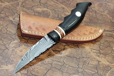 9" Long hand forged Damascus steel Skinning Knife, Round engraved brass, Bull horn & Camel bone scale, Cow hide Leather sheath