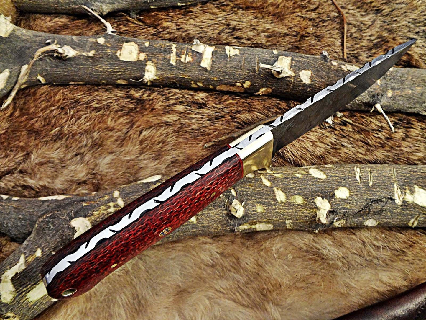 DAMASCUS STEEL 9.5" LONG FULL TANG BLADE SKINING KNIFE, WOOD & BONE, COW SHEATH
