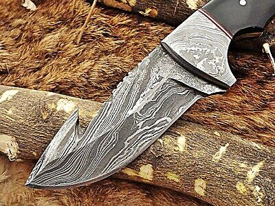 Damascus steel skinning knife 4 Pcs set with leather sheath, Bull horn scale