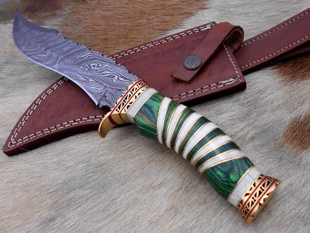 12" Long Damascus steel Hunting Bowie knife hand forged, exotic scale crafted with engraved brass, sliced camel bone and Wood W/brass spacer