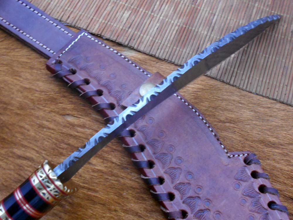 15 Inches long Damascus Steel Kukri Knife, custom made Hand Forged Damascus steel With 10" long blade, Black Bull horn crafted with engraved brass scale, Cow Leather Sheath
