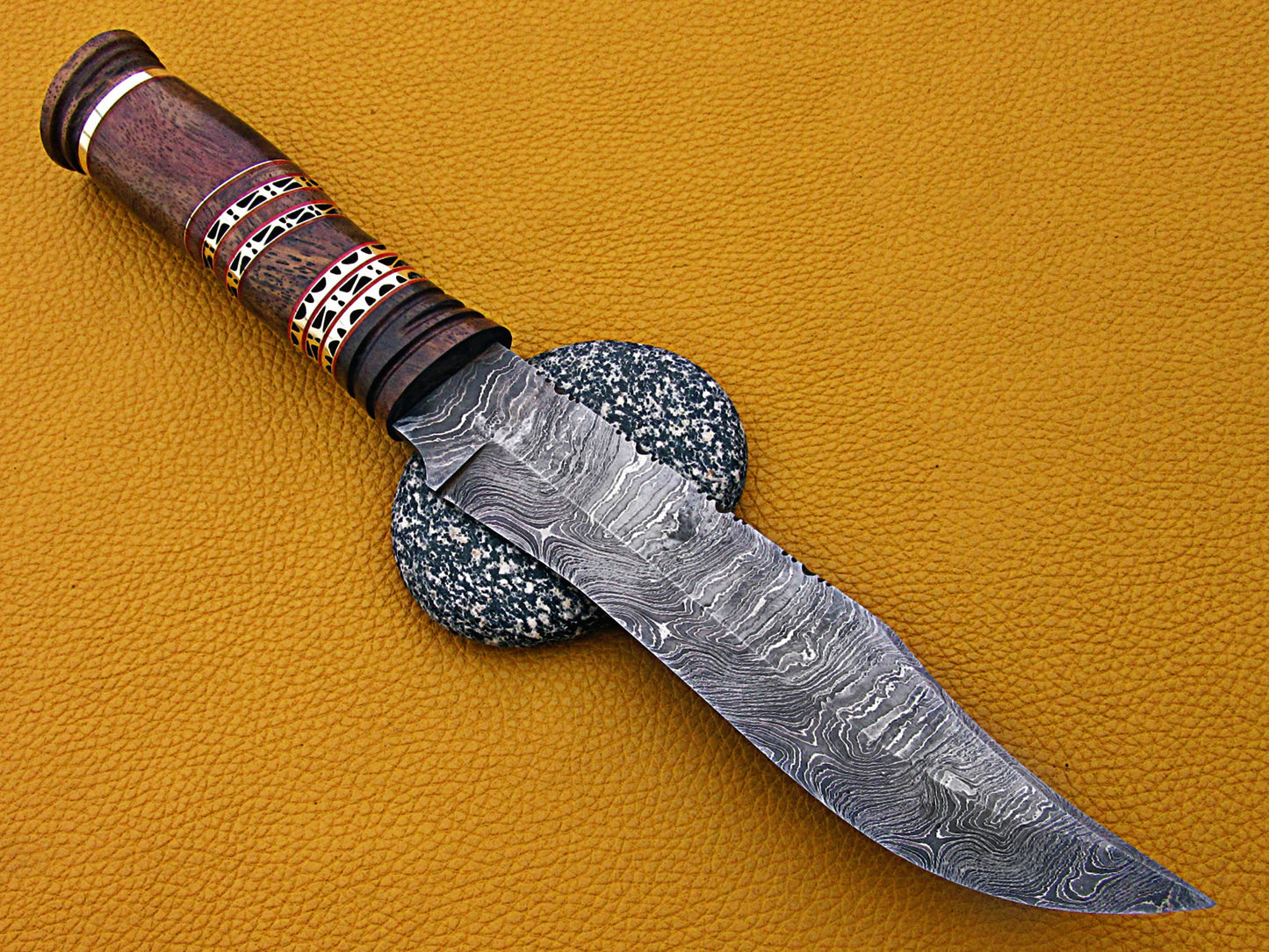 13.5" Long hand forged Damascus steel exotic Hunting Knife with 7" blade, Exotic Rose wood scale crafted with engraved brass & fiber spacing, Cow Leather sheath included