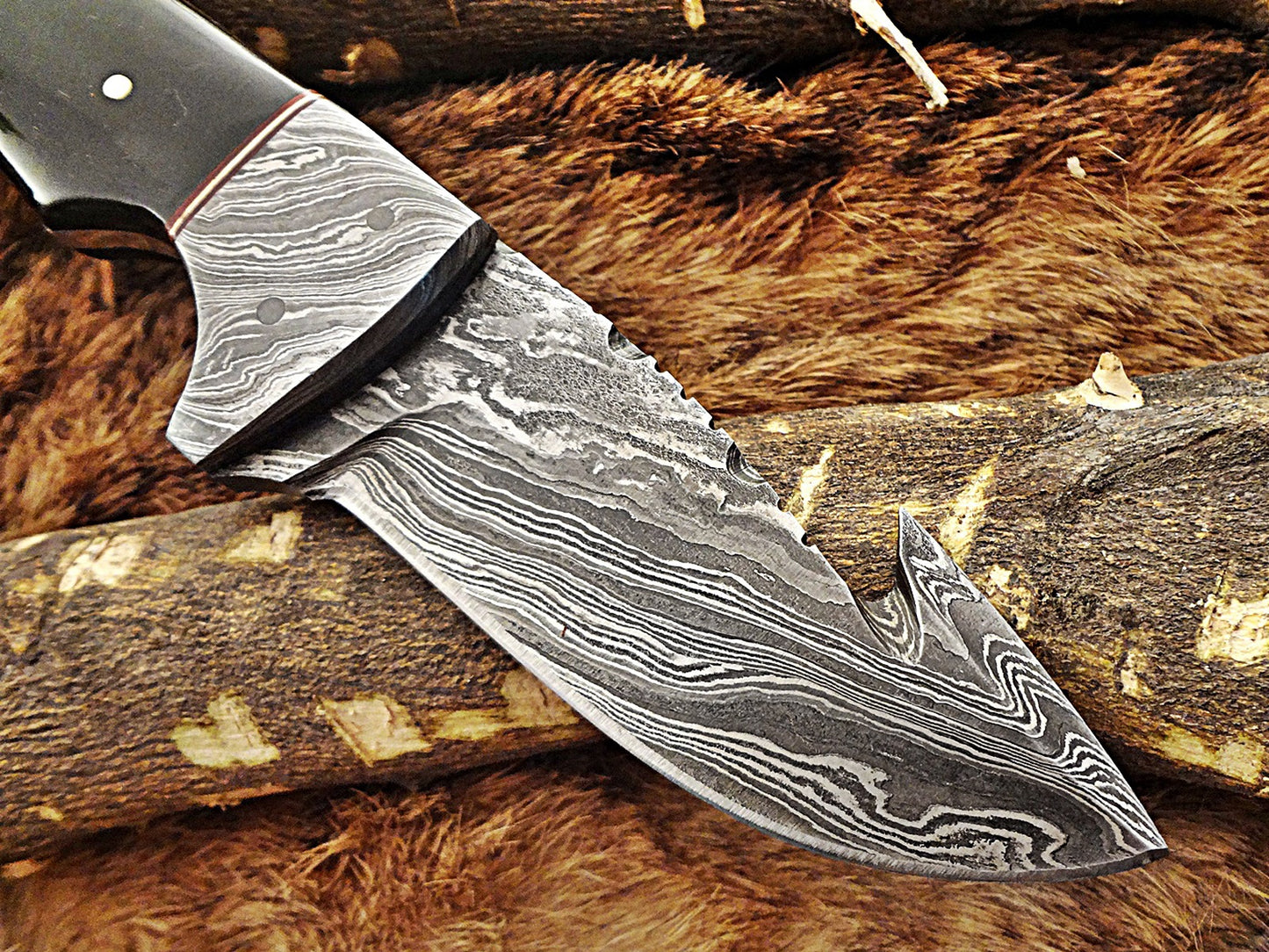 8" Long skinning knife, 4" full tang gut hook blade, hand forged Damascus steel, available in 3 scales, includes Cow Leather sheath