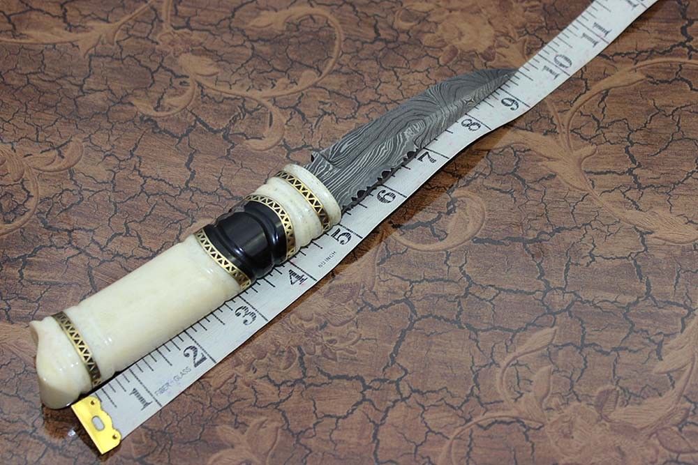 9.5″ Custom made Hand Forged Damascus skinning Knife, hand crafted round scale with engraved brass spacer, Cow hide Leather Sheath included