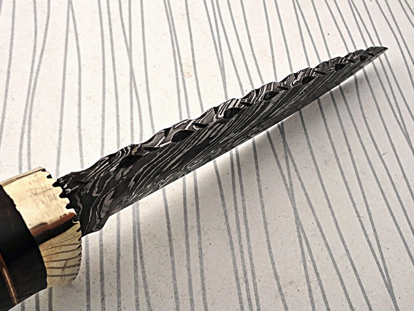 11.5" Long hand forged fire pattern Damascus steel Knife, bull horn with wood & engraved brass scale, thick Cow hide leather sheath