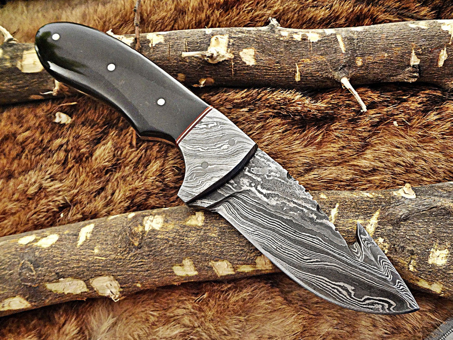 8" Long skinning knife, 4" full tang gut hook blade, hand forged Damascus steel, available in 3 scales, includes Cow Leather sheath