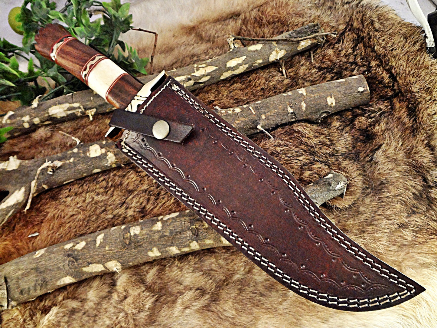 15" Long Hunting Bowie knife, hand forged Damascus steel, Red Dollar wood with Brass Pommel & Finger guard, Cow Leather sheath