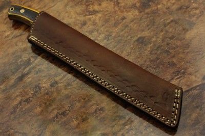 11.5" hand forged Damascus steel bread knife with 7" long serrated cutting edge, Cow Leather sheath included