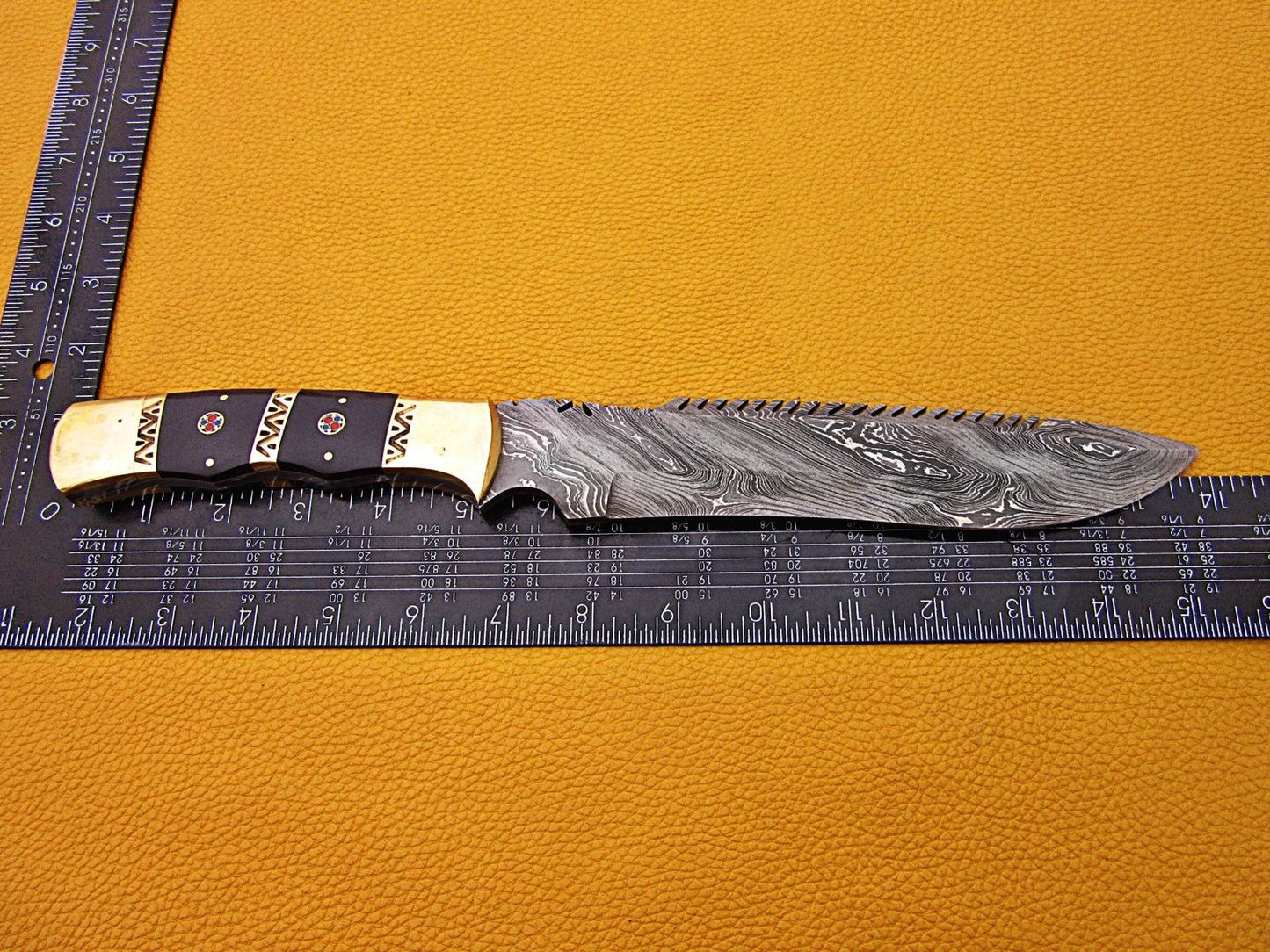 14″ long Damascus steel full tang blade hunting knife, Bull horn scale with engraved Brass spacer & bolster, Co hide Leather sheath