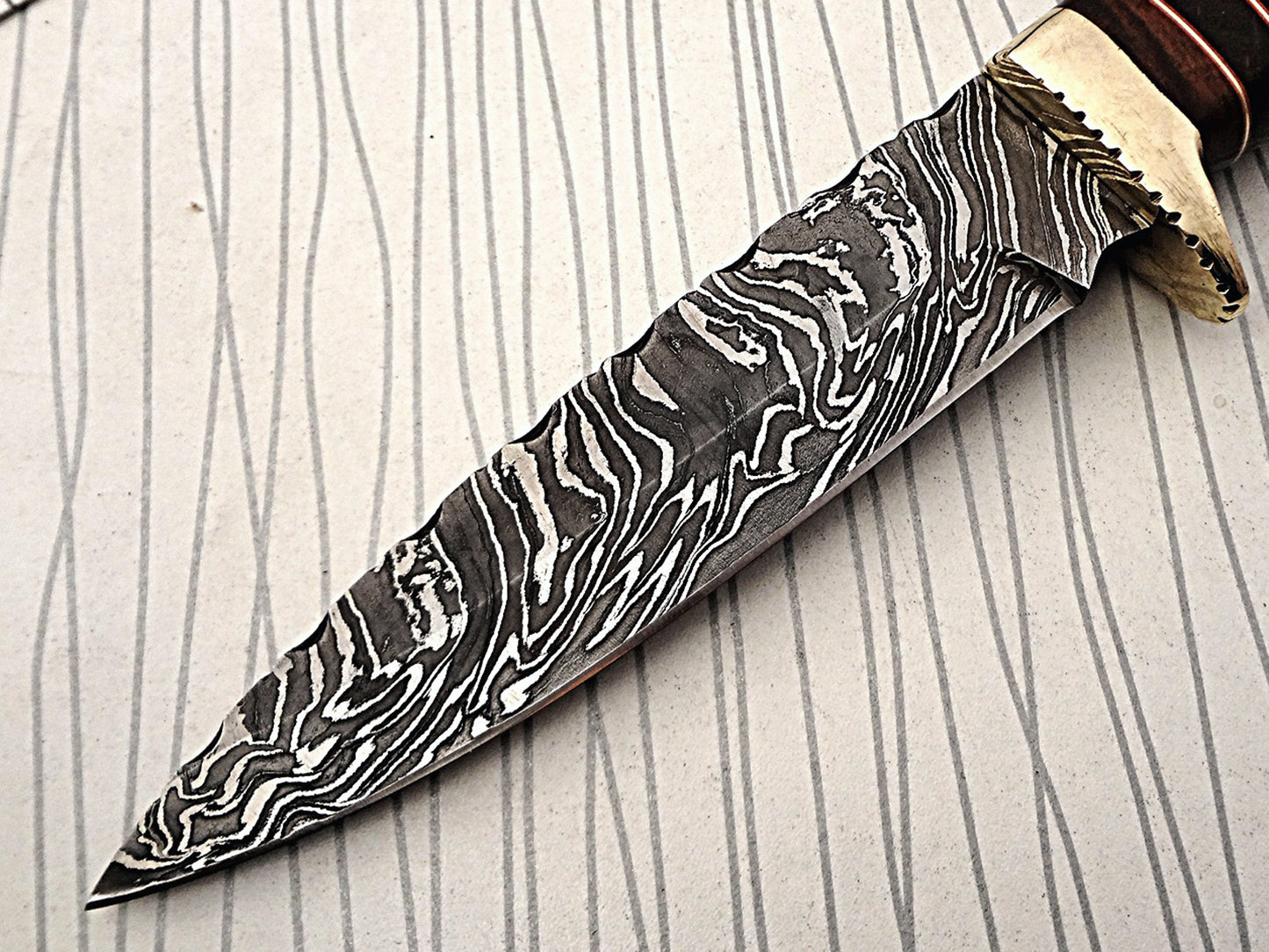 11.5" Long hand forged fire pattern Damascus steel Knife, bull horn with wood & engraved brass scale, thick Cow hide leather sheath