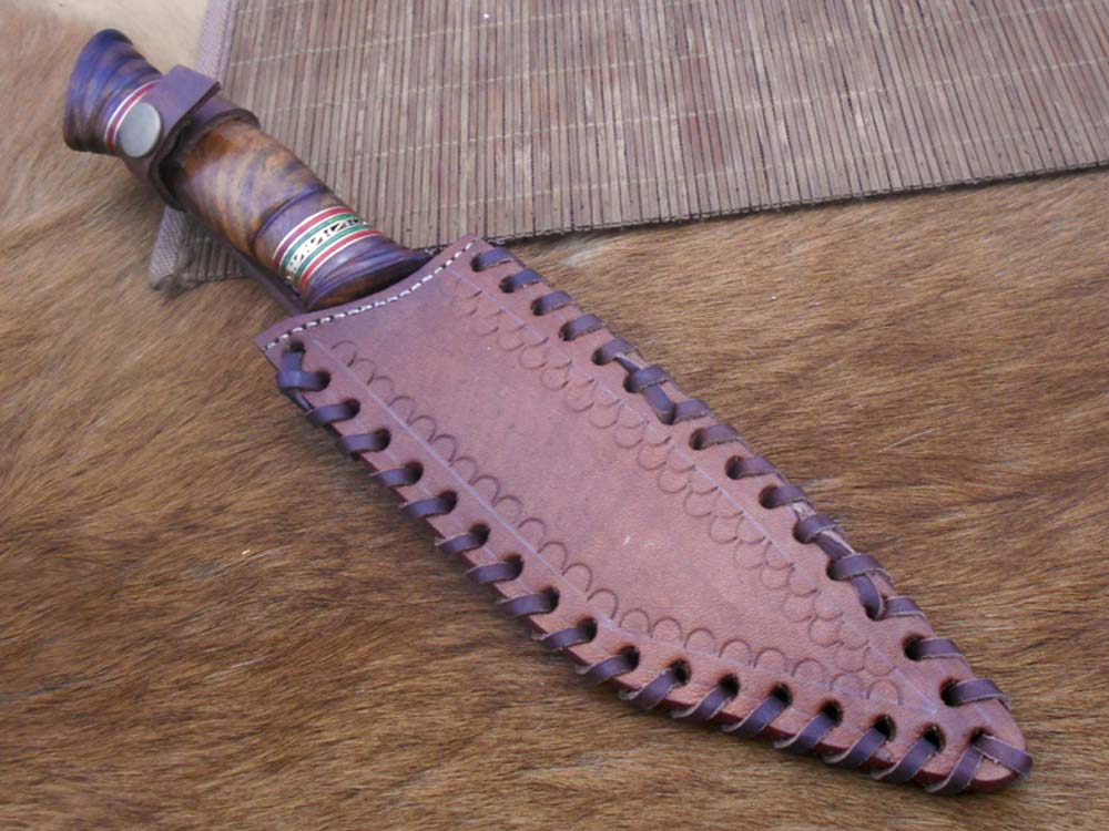11" Long hand forged Damascus steel Tanto blade Hunting knife, exotic Hand crafted rose wood scale with engraved brass & green fiber spacer, Cow hide Leather sheath with belt loop