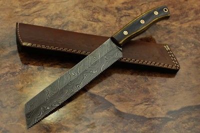 11.5" hand forged Damascus steel bread knife with 7" long serrated cutting edge, Cow Leather sheath included