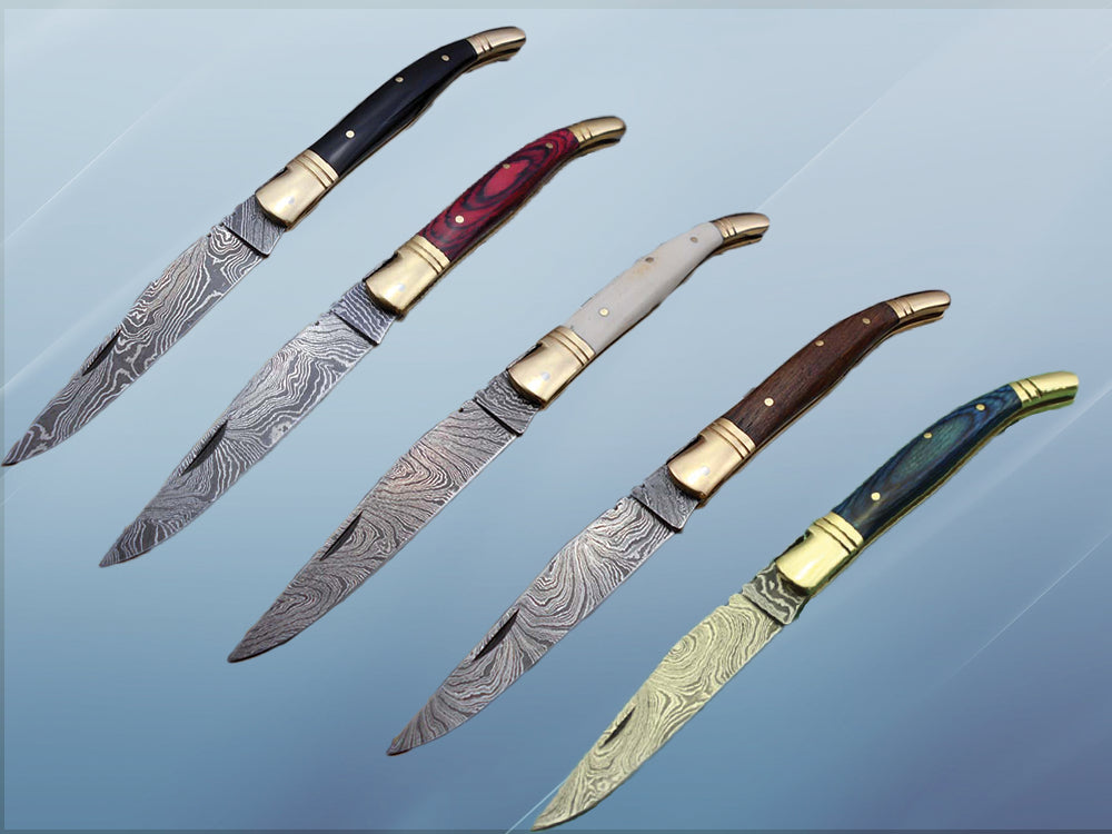 5 pieces Damascus steel Laguiole folding knife with Leather Sheath