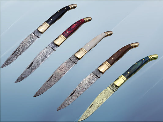 5 pieces Damascus steel Laguiole folding knife with Leather Sheath