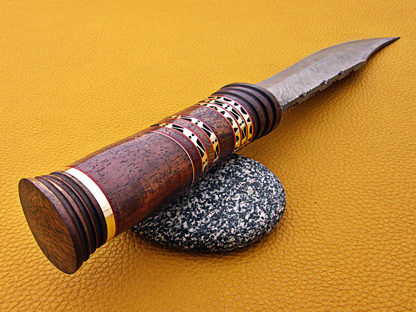 13.5" Long hand forged Damascus steel exotic Hunting Knife with 7" blade, Exotic Rose wood scale crafted with engraved brass & fiber spacing, Cow Leather sheath included