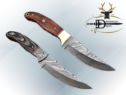 9.5" Damascus steel full tang blade skinning Knife, Available in 2 wood scales with Brass bolster, includes Cow hide Leather sheath