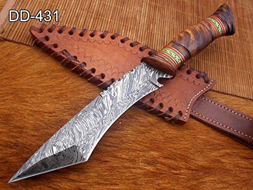 11" Long hand forged Damascus steel Tanto blade Hunting knife, exotic Hand crafted rose wood scale with engraved brass & green fiber spacer, Cow hide Leather sheath with belt loop