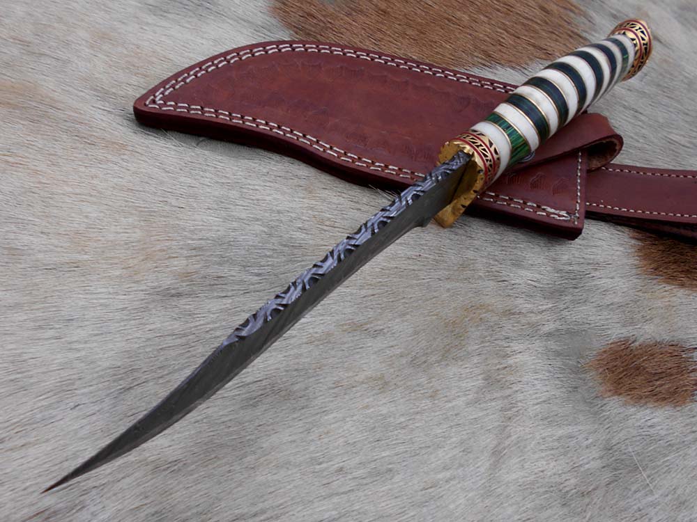 12" Long Damascus steel Hunting Bowie knife hand forged, exotic scale crafted with engraved brass, sliced camel bone and Wood W/brass spacer