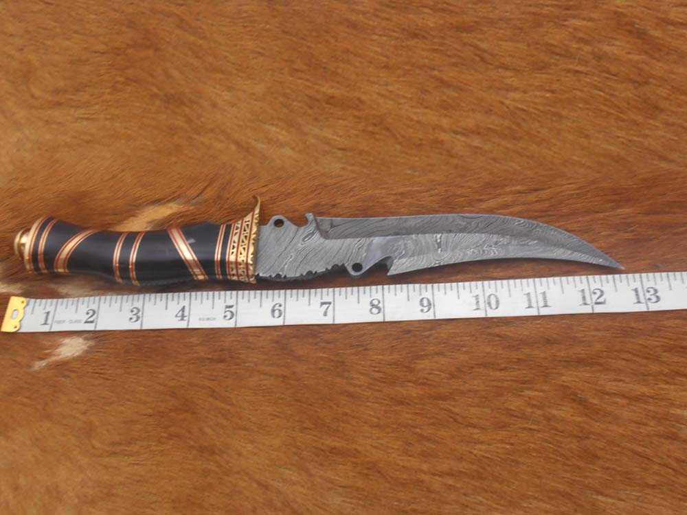 13" Long hand forged Damascus steel Hunting knife, exotic Bull Horn scale crafted with engraved brass finger guard, spacer & red fiber, Cow hide Leather sheath with belt loop