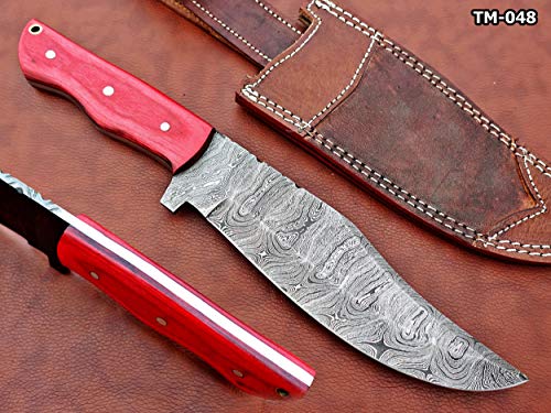 12.5" Long Hand Forged Damascus Steel Clip Point Full Tang Blade Hunting Knife, Natural Horn Scale with Steel Bolster, Cow Hide Leather Sheath Included