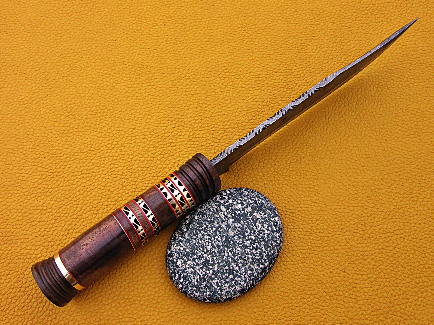 13.5" Long hand forged Damascus steel exotic Hunting Knife with 7" blade, Exotic Rose wood scale crafted with engraved brass & fiber spacing, Cow Leather sheath included